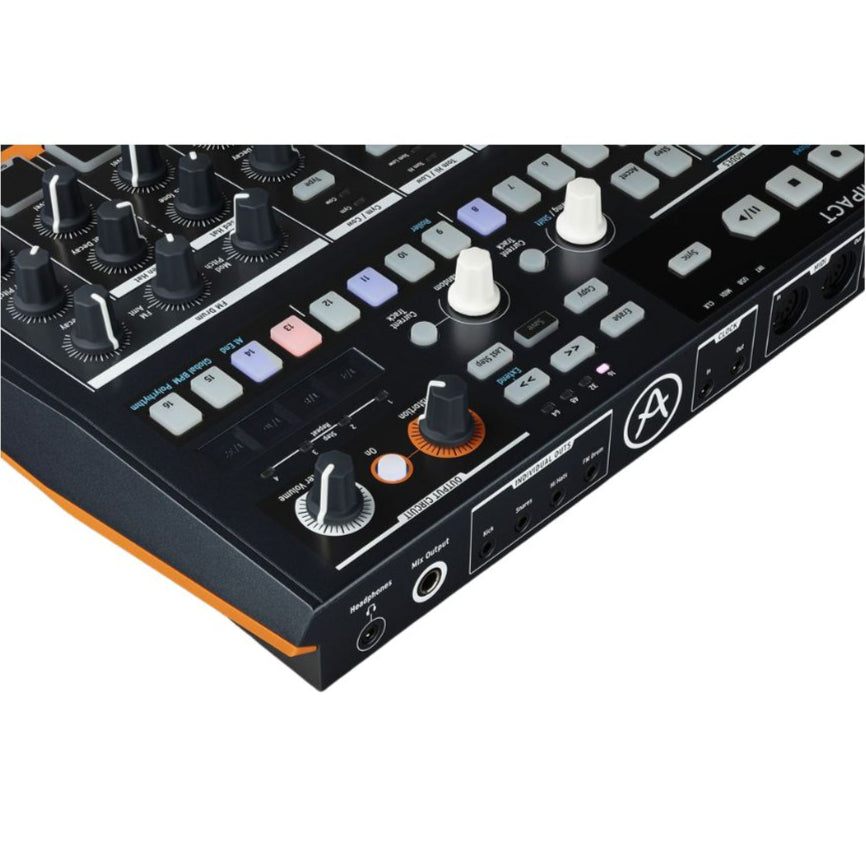 Arturia DrumBrute Impact drum machine with colorful pads and control knobs, designed for electronic music production.