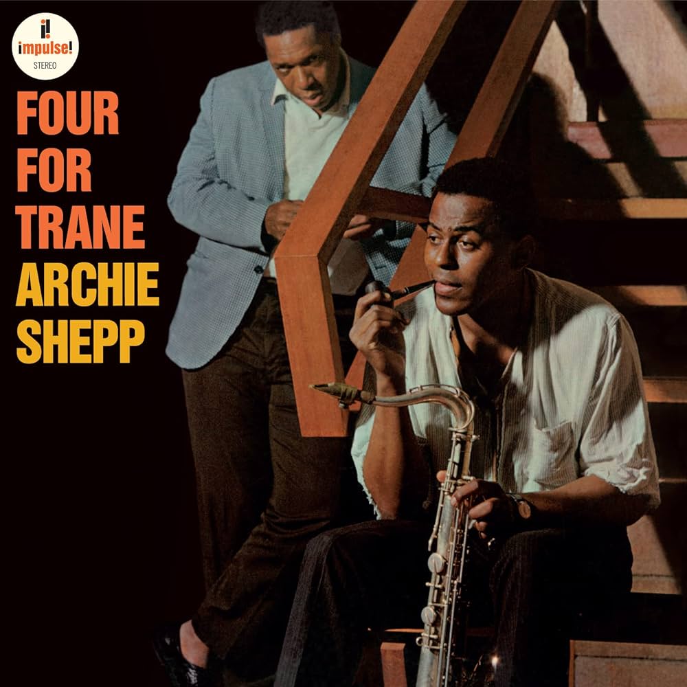 Black vinyl LP of Archie Shepp's Four for Trane jazz album by Verve Records, featuring cover art with black background and vintage design