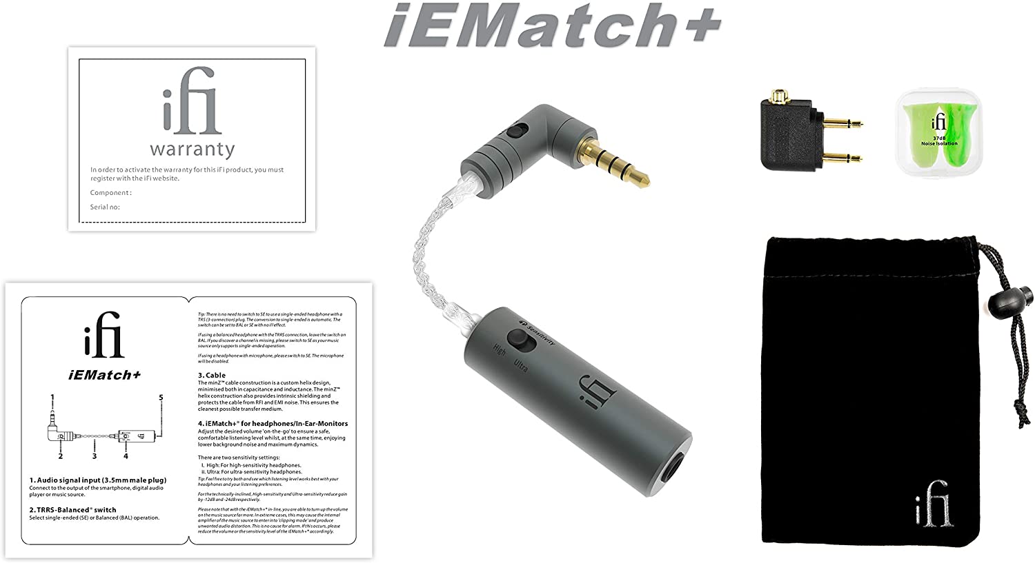 iFi Audio iEMatch+ headphone adapter and splitter for improved audio quality and noise reduction in a compact design