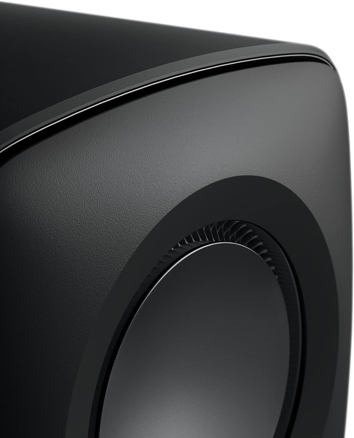 KEF KC62 subwoofer with sleek black cabinet and compact design, perfect for powerful low-frequency audio in home theater systems.
