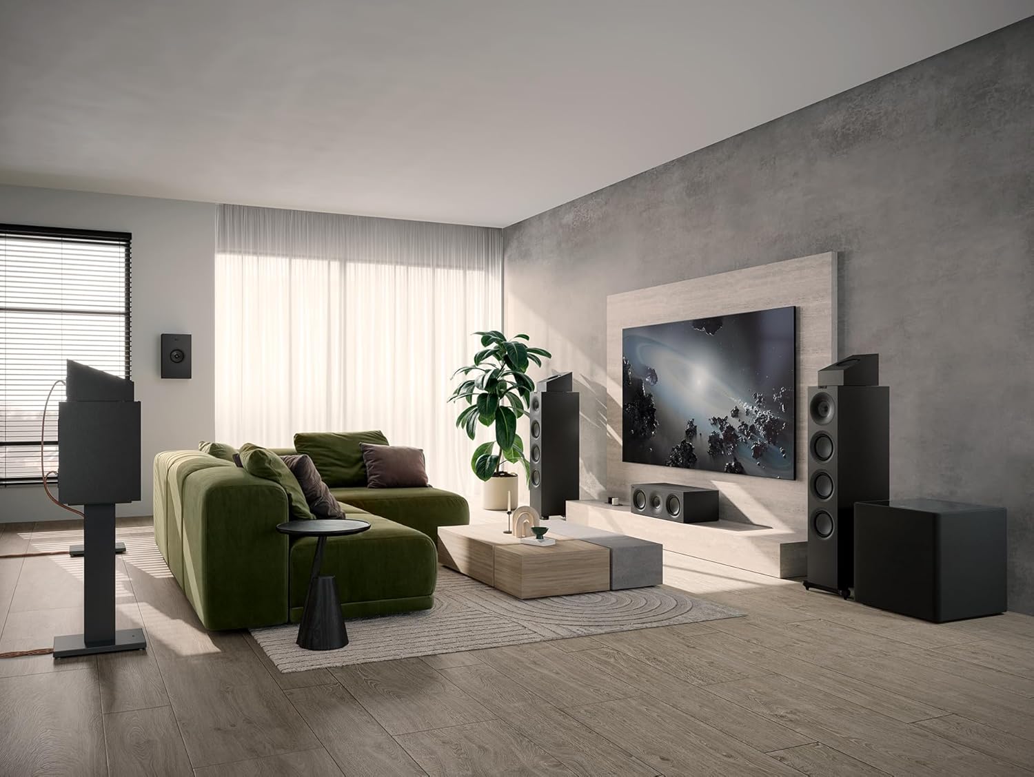 KEF Q11 Meta passive floorstanding speakers with sleek black cabinets and grille, designed for high-quality home audio.