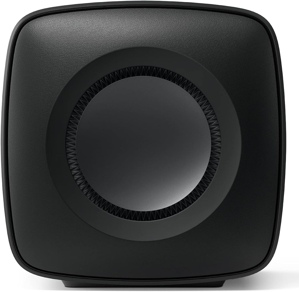 KEF KC62 compact subwoofer with sleek black design, featuring a front-firing driver and modern aesthetic for premium audio performance.