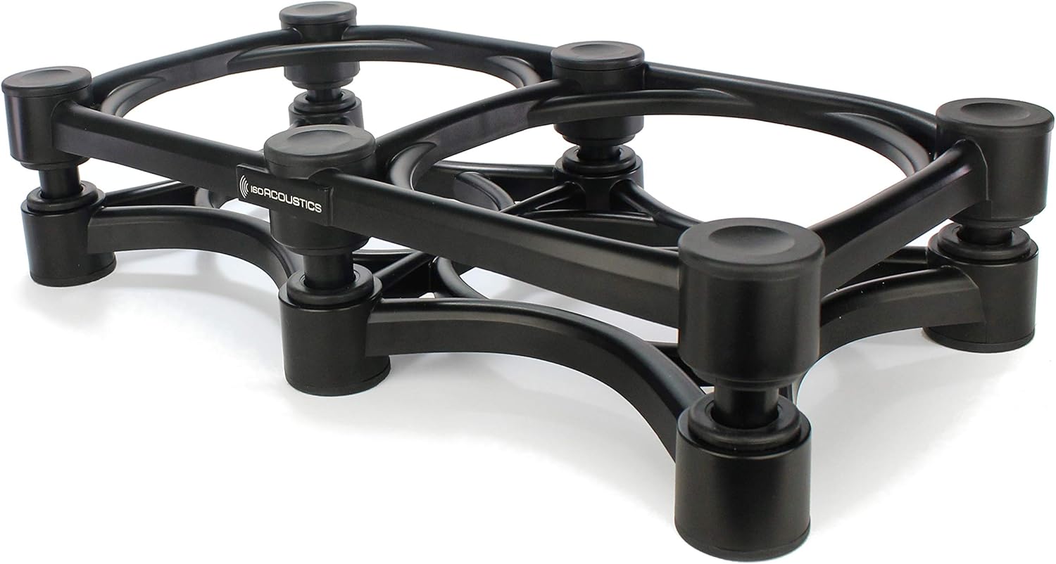 IsoAcoustics ISO-430 studio monitor stands supporting audio speakers on a desk, enhancing sound clarity and stability.