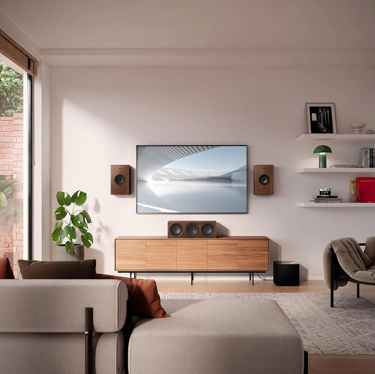 KEF Q4 Meta in-wall and outdoor speakers with sleek design and black finish, showcasing high-quality audio performance.