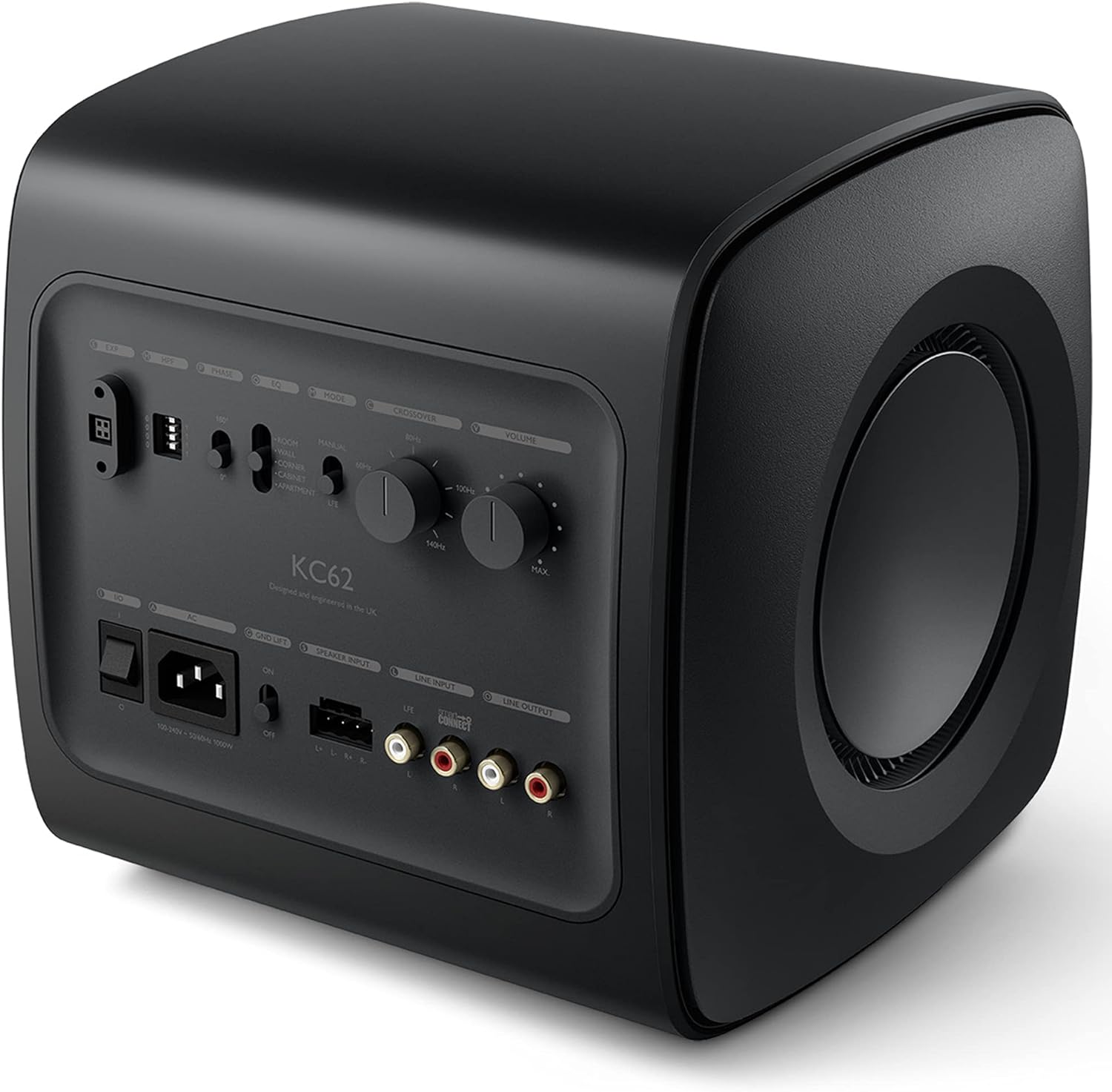 KEF KC62 compact subwoofer with sleek black enclosure and control panel, designed for high-quality bass in home audio systems.