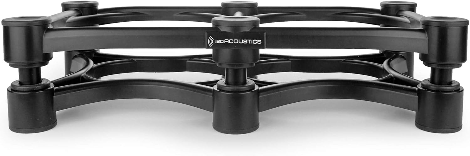 IsoAcoustics ISO-430 studio monitor stands with sleek black design and adjustable height for optimal speaker positioning.
