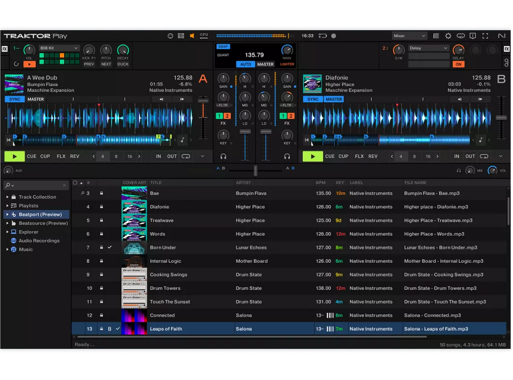 Native Instruments Traktor Play DJ software interface showing waveform displays and control panels for music mixing.