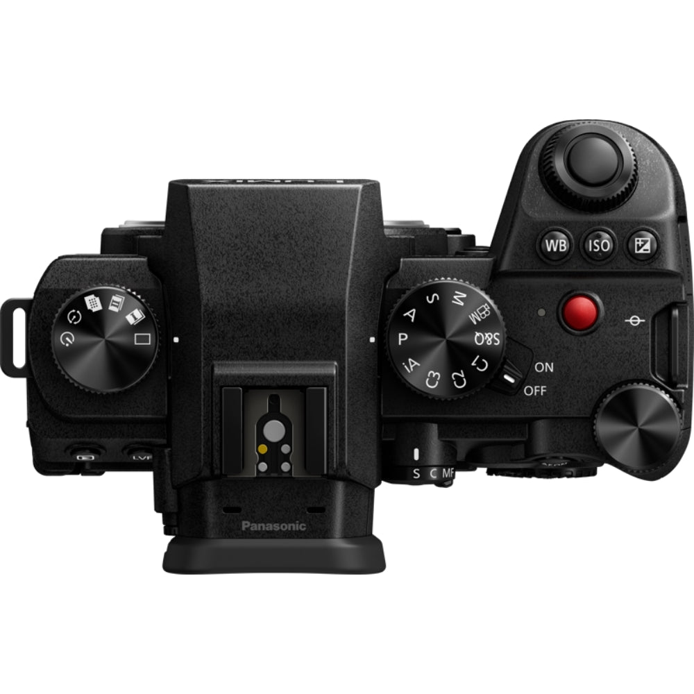 Panasonic Lumix S5M2 video camera with lens and display screen, designed for high-quality video recording.