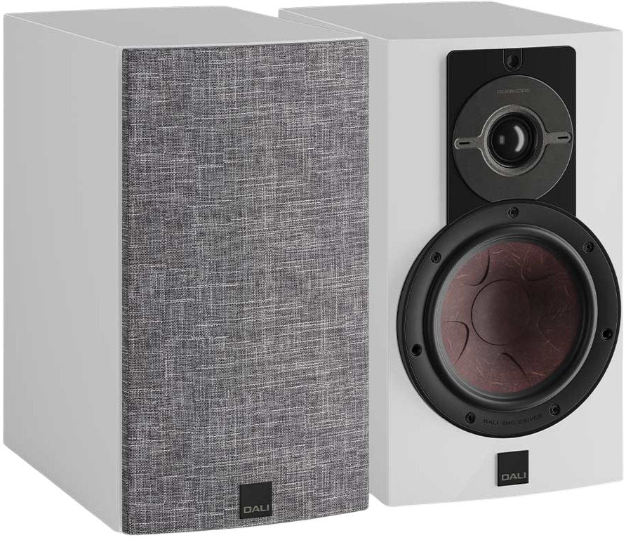 DALI Rubikore 2 passive bookshelf speakers with black finish, front grille, and compact design for home audio setup.