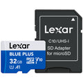 Lexar Blue Plus microSDHC UHS-I memory card with SD adapter, suitable for smartphones, tablets, and cameras.