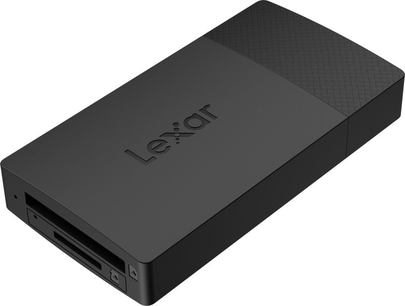 Lexar microSD and SD card reader with USB-A and USB-C connectors, compact and portable for easy data transfer.
