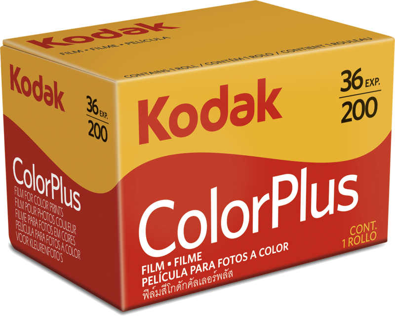 Kodak Colorplus 200 color film roll, 35mm film for analog photography, with the Kodak branding visible on the packaging.