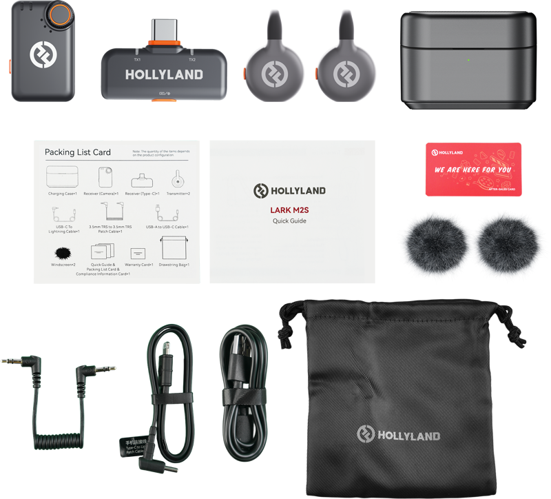 Hollyland Lark M2S wireless microphone system with 2 receivers, camera transmitter, USB-C and Lightning cables, compact and portable.