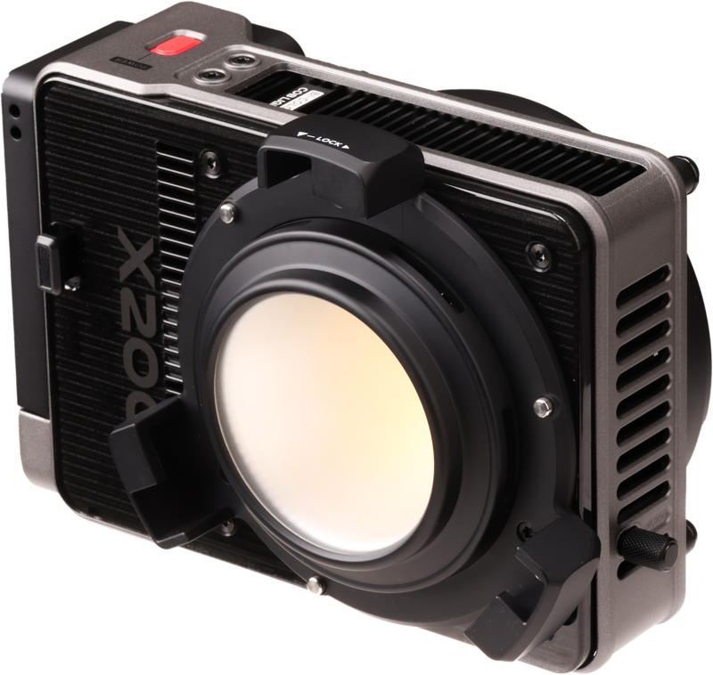 Zhiyun Molus LED X200 Bi-Color COB light showing adjustable brightness and color temperature controls on a professional lighting panel.