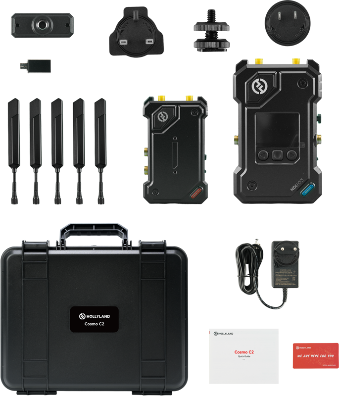 Hollyland Cosmo C2 wireless video transmission system with 1 transmitter and 1 receiver, compact professional video setup.