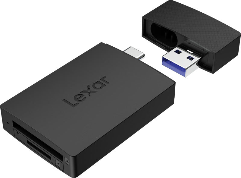 Lexar microSD and SD card reader with USB-A and USB-C connectors for easy data transfer.