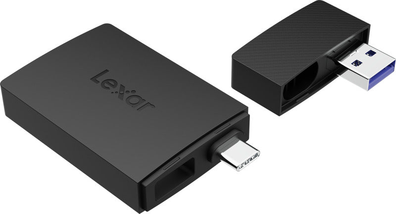Lexar microSD and SD card reader with USB-A and USB-C connectors for quick data transfer and versatile device compatibility.