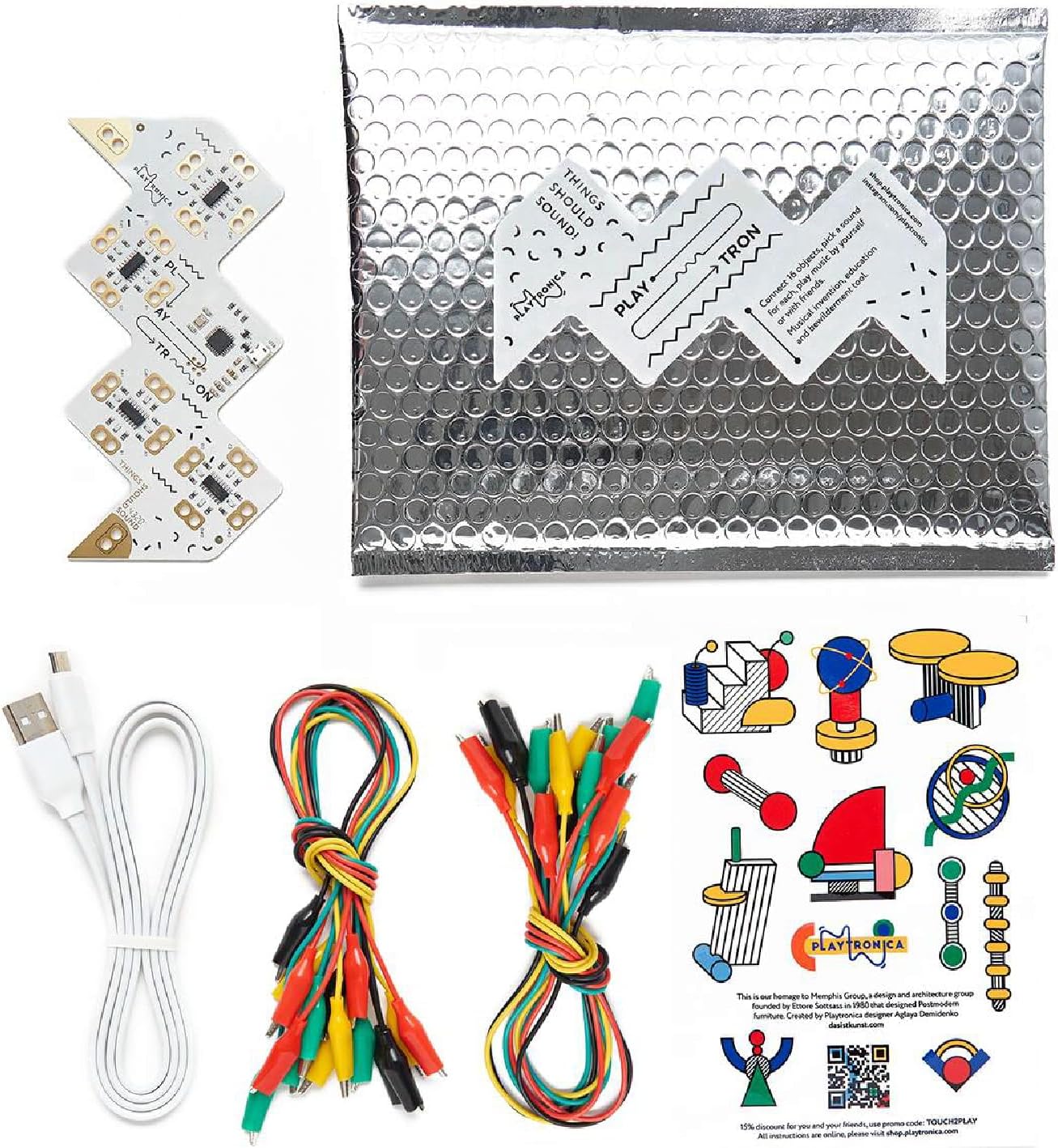 Playtronica Playtron gadget with electronic components and colorful cables, designed for interactive musical experiments.