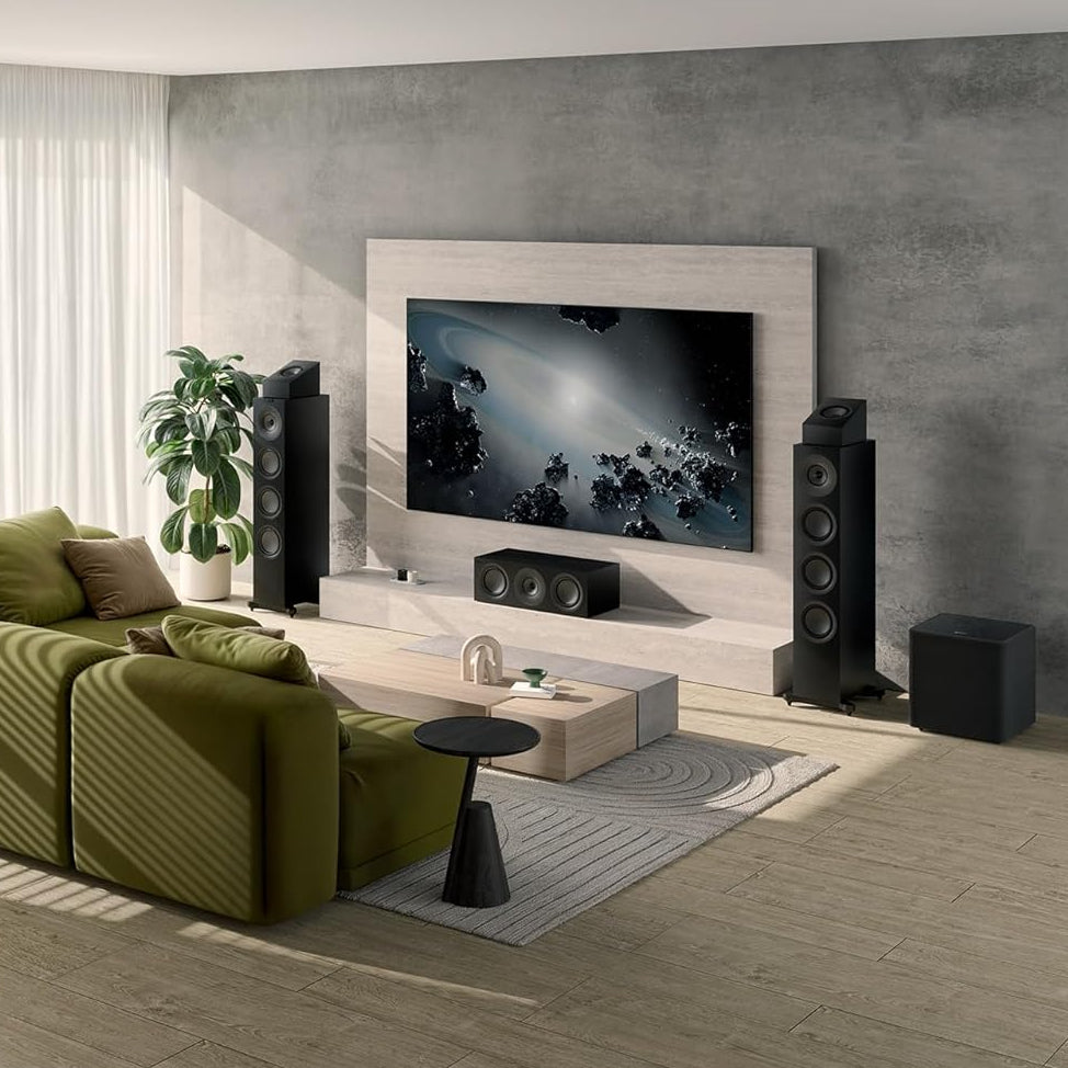 KEF Q11 Meta passive floorstanding speakers with sleek black cabinets and drivers, designed for high-quality home audio.
