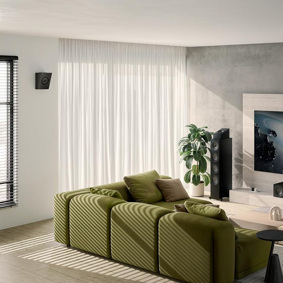 KEF Q8 Meta Dolby Atmos speakers shown with sleek black design and multiple speaker drivers for immersive sound.