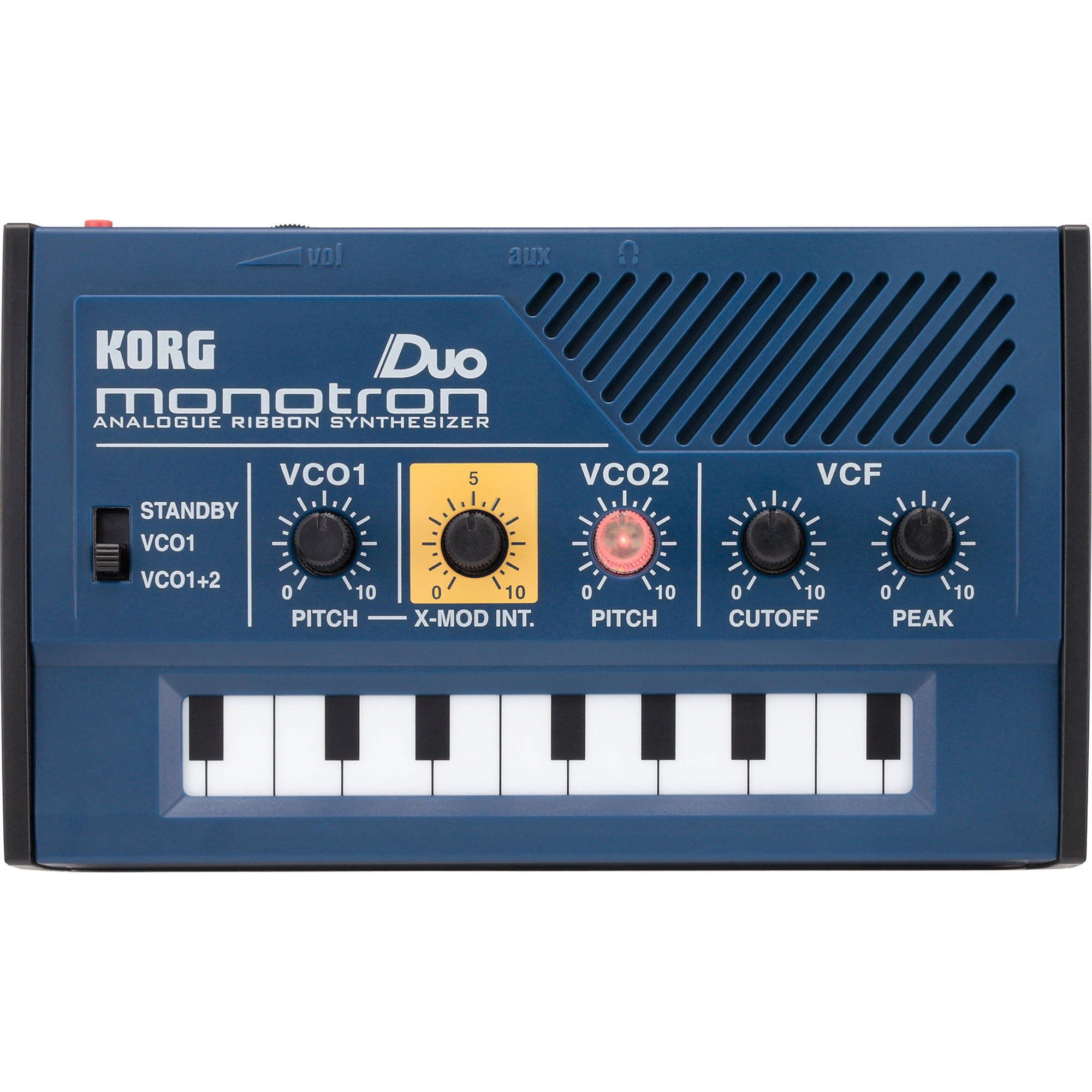 Korg Monotron DUO synthesizer with dual oscillators and vibrato, compact electronic music instrument with colorful controls.