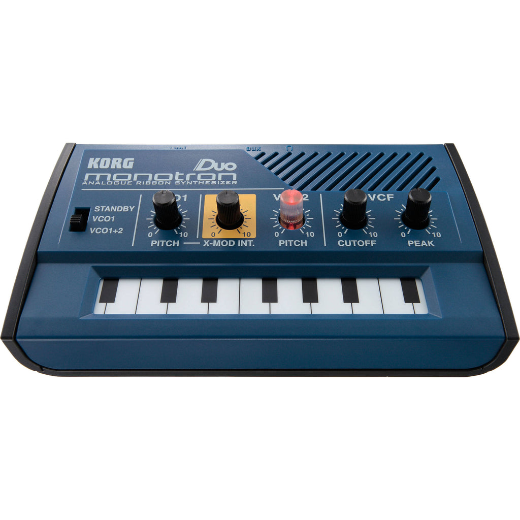 Korg Monotron DUO synthesizer with two oscillators and analog filters, featuring a compact, portable design and colorful controls.