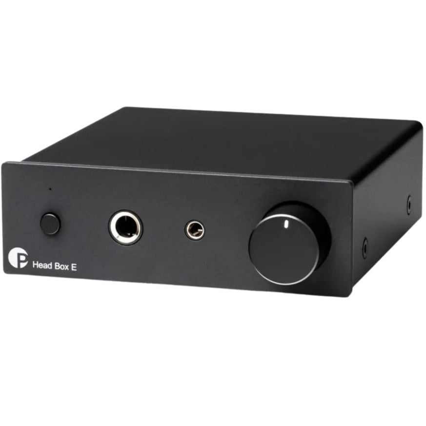 Pro-Ject Head Box E headphone amplifier and DAC with sleek black design and multiple input/output ports.