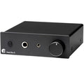 Pro-Ject Head Box E headphone amplifier and DAC with sleek black design and multiple input/output ports.