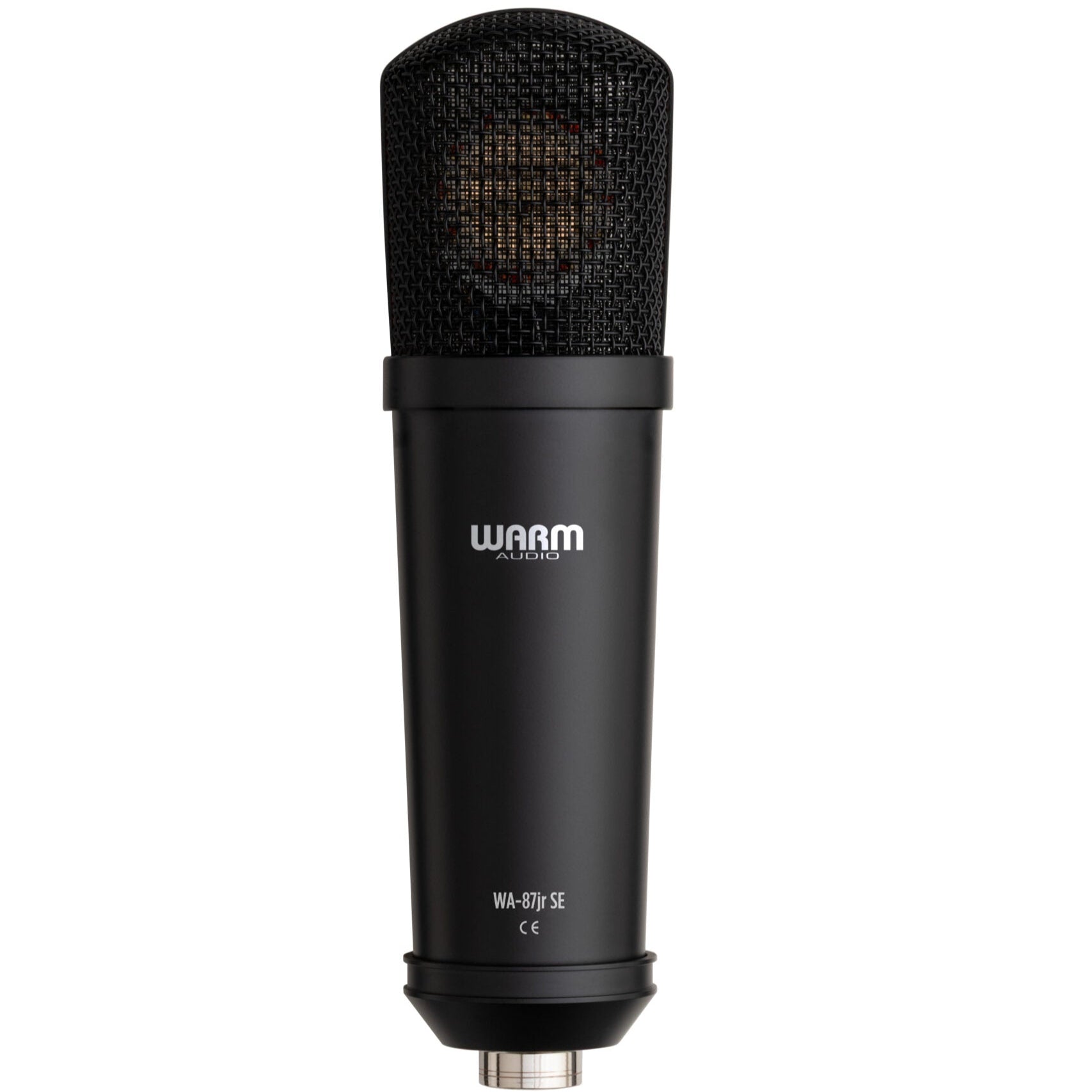 Warm Audio WA-87jr SE condenser microphone in black, shown from the back, highlighting its compact design and build quality.