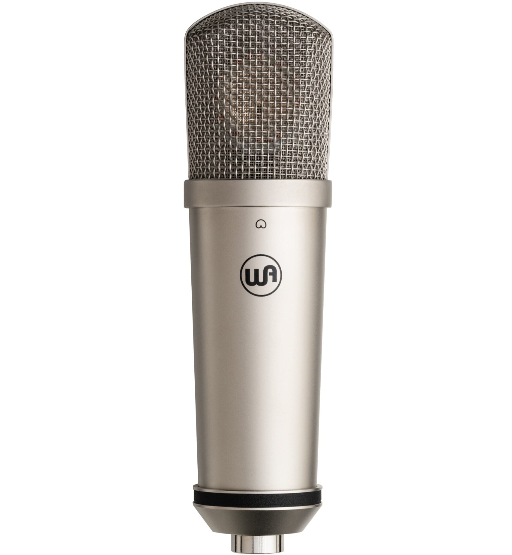 Warm Audio WA-87jr SE condenser microphone with nickel finish, front view showcasing its sleek design and professional build.