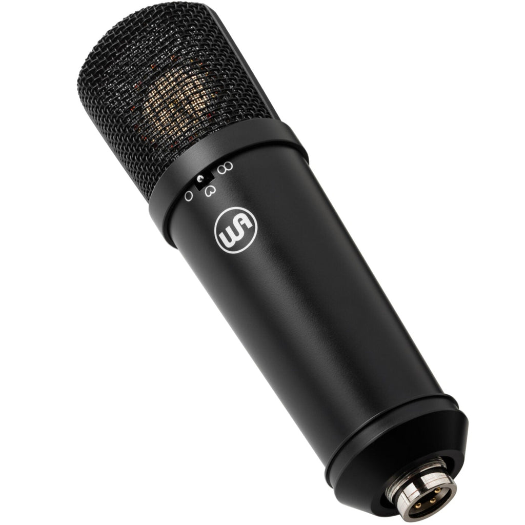 Warm Audio WA-87jr condenser microphone in black, shown at an angle with visible grille and body, ideal for studio recording.