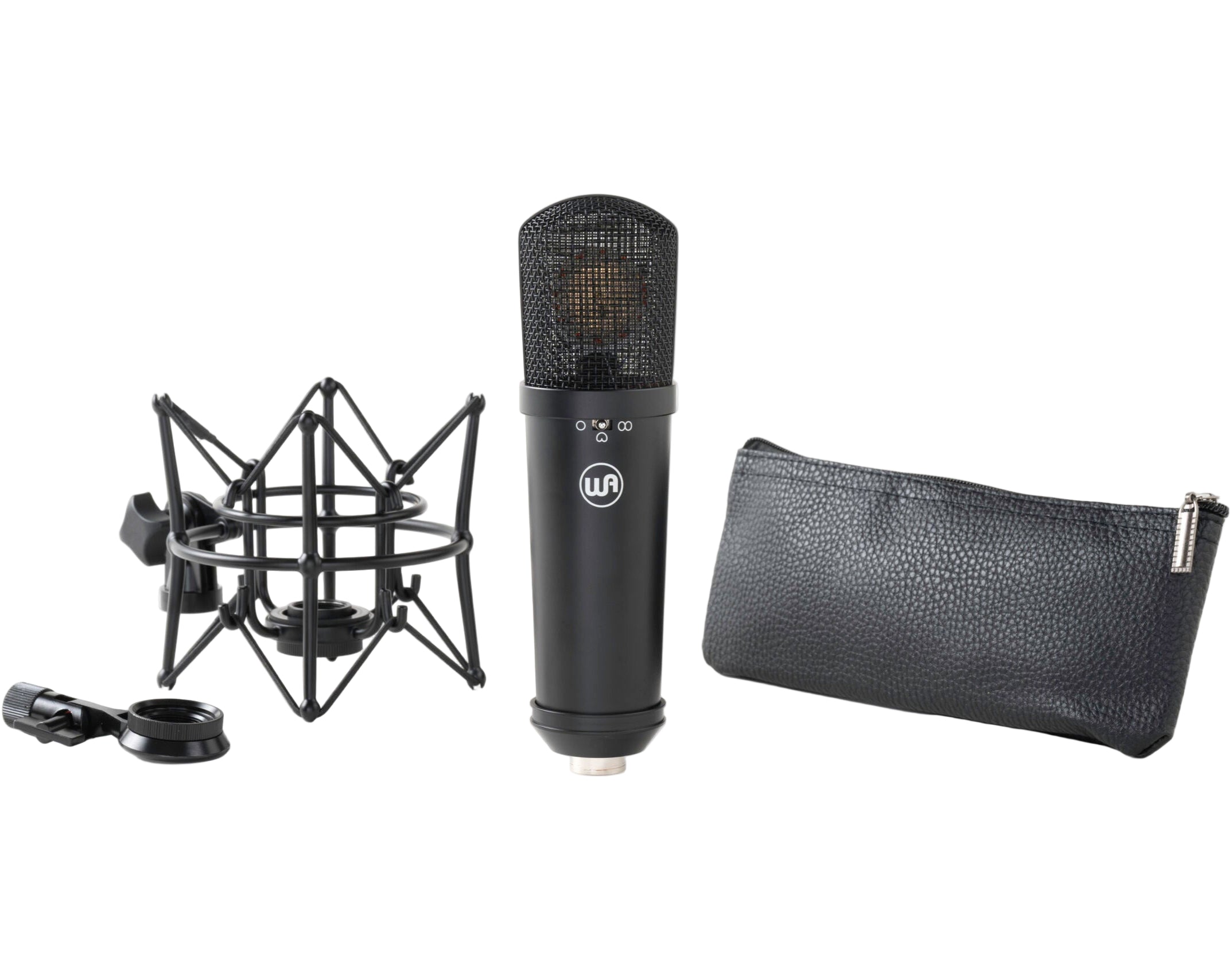 Warm Audio WA-87jr condenser microphone in black, with a sleek cylindrical body and metal grille, designed for studio recording.