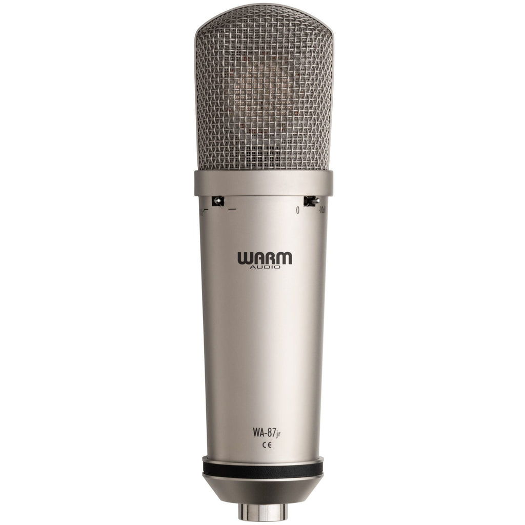 Warm Audio WA-87jr condenser microphone with nickel finish, shown from the back, detailed view of the microphone's rear side.