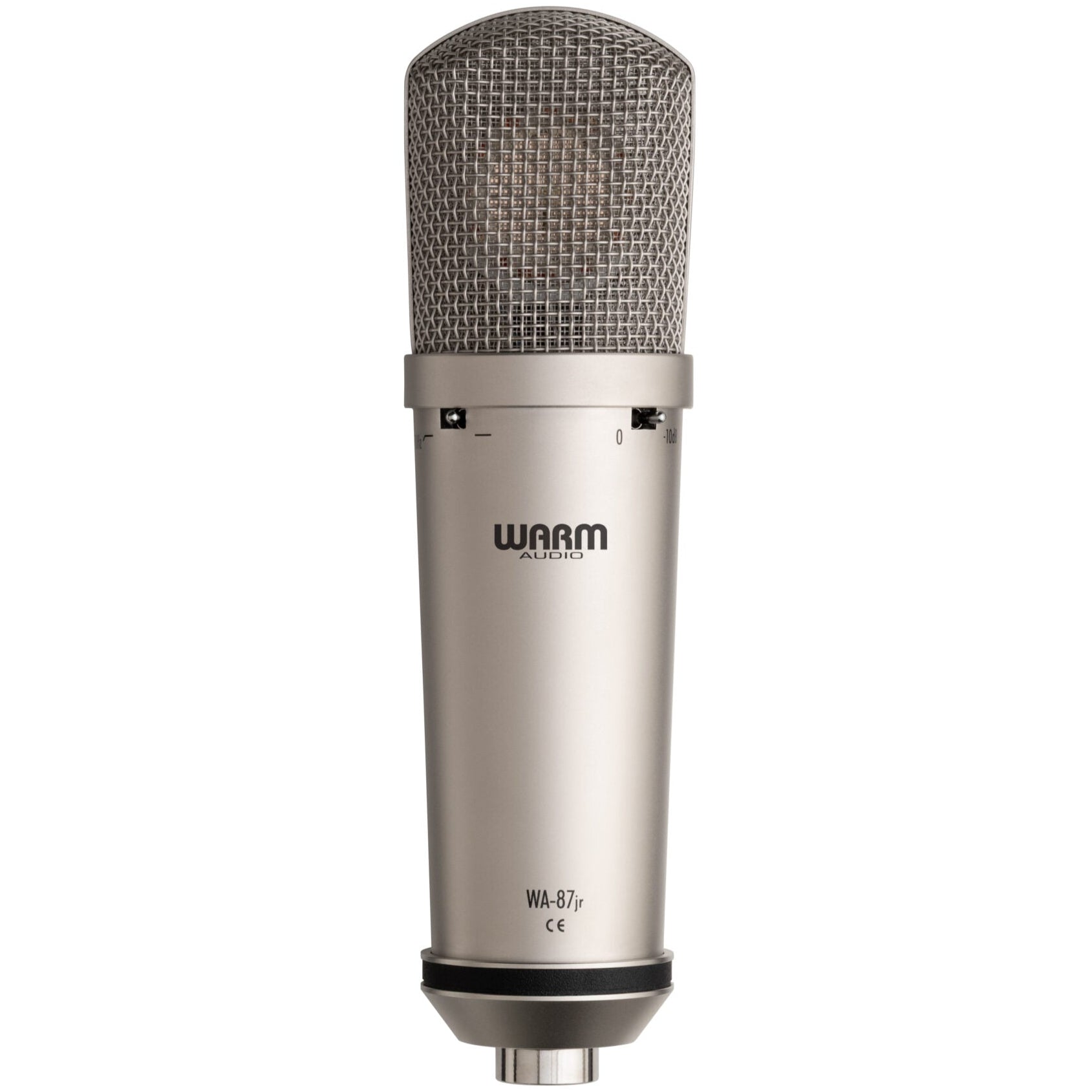 Warm Audio WA-87jr condenser microphone with nickel finish, shown from the back, detailed view of the microphone's rear side.