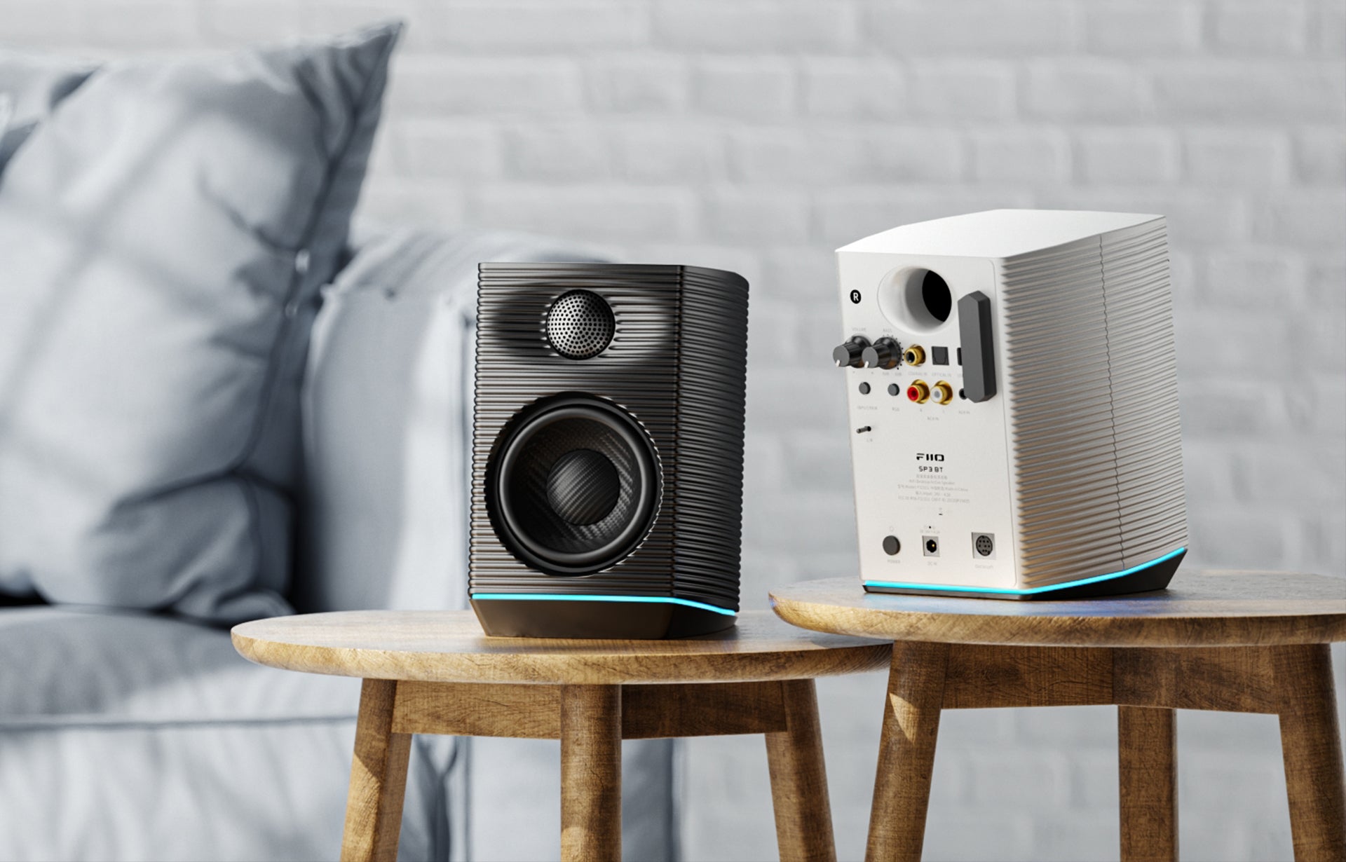 FiiO SP3 BT desktop speakers with sleek design and compact size, featuring Bluetooth connectivity and audio input ports.