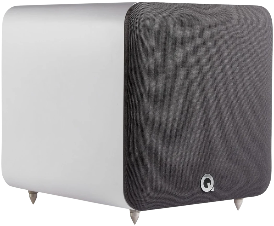 Q Acoustics Q SUB80 subwoofer with black enclosure and front-firing driver, designed for deep bass in home audio systems.