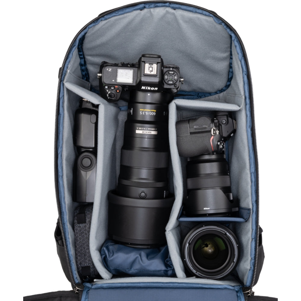 Think Tank DarkLight video equipment bag with padded compartments and adjustable straps, designed for protecting camera gear.