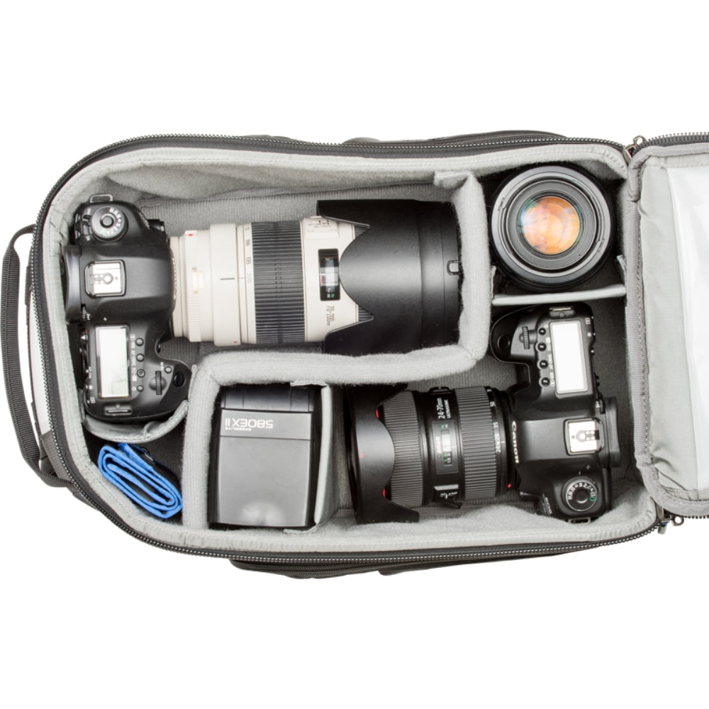 Think Tank StreetWalker V2.0 video equipment bag with multiple compartments and padded shoulder straps for heavy gear transport.
