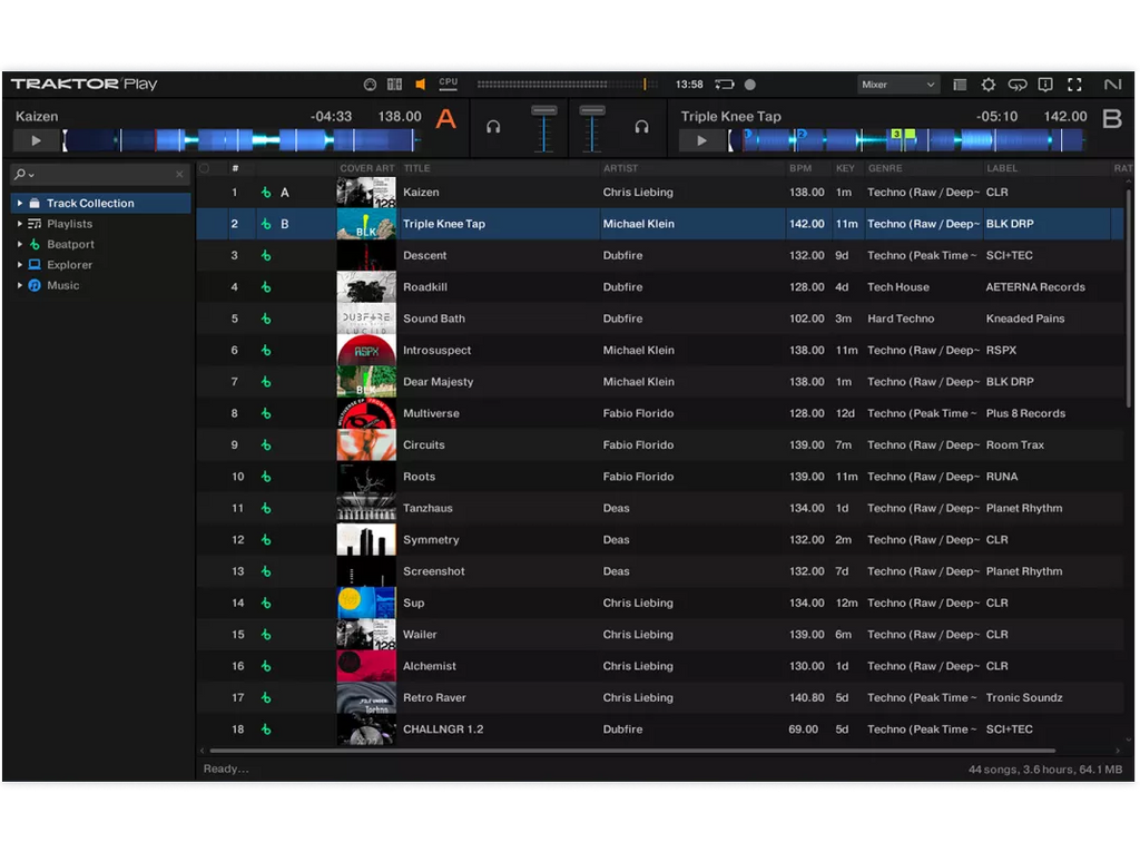 Native Instruments Traktor Play DJ software interface showing waveform display and control options on a digital screen.