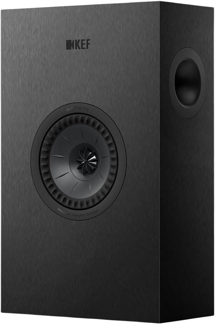 KEF Q4 Meta in-wall and outdoor speaker showing sleek black grille and discreet design for high-quality sound integration.