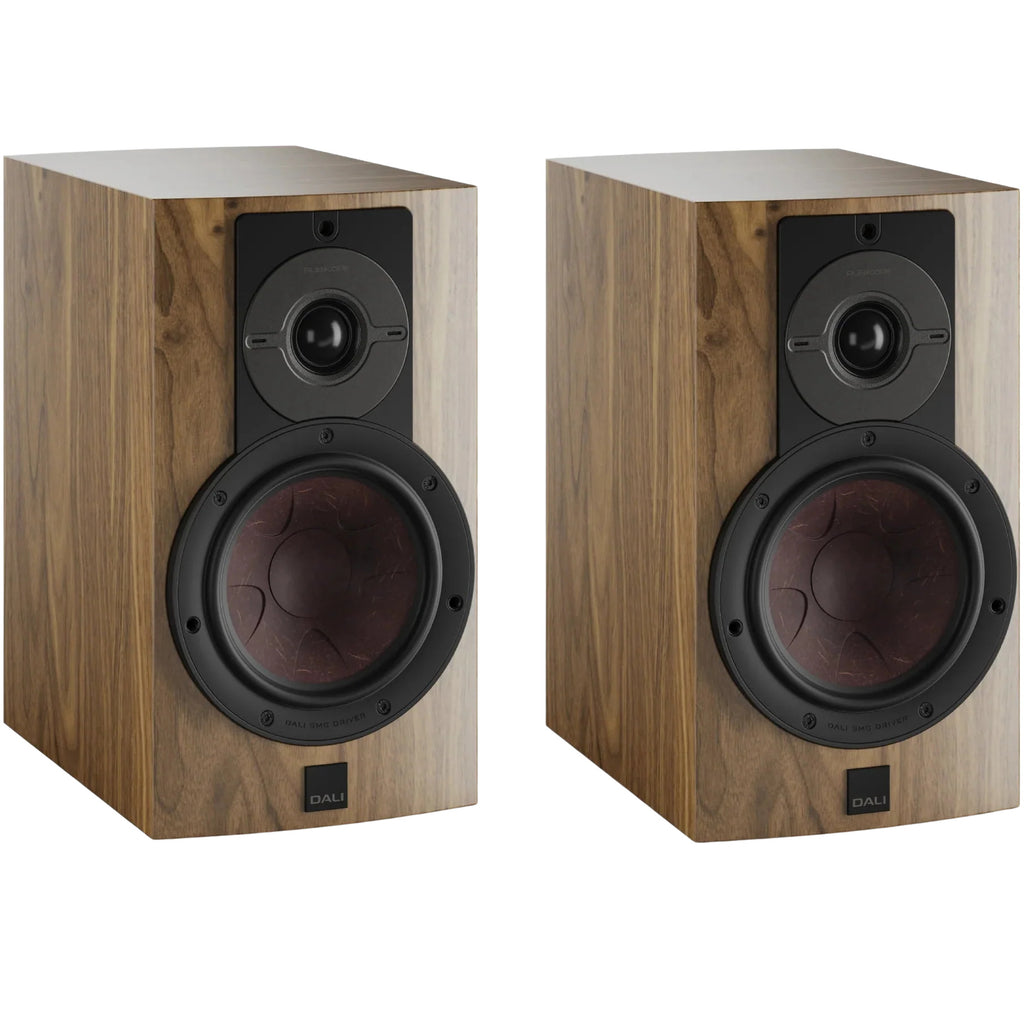 DALI Rubikore 2 passive bookshelf speakers with black finish and compact design, showcasing the front grille and speaker drivers.