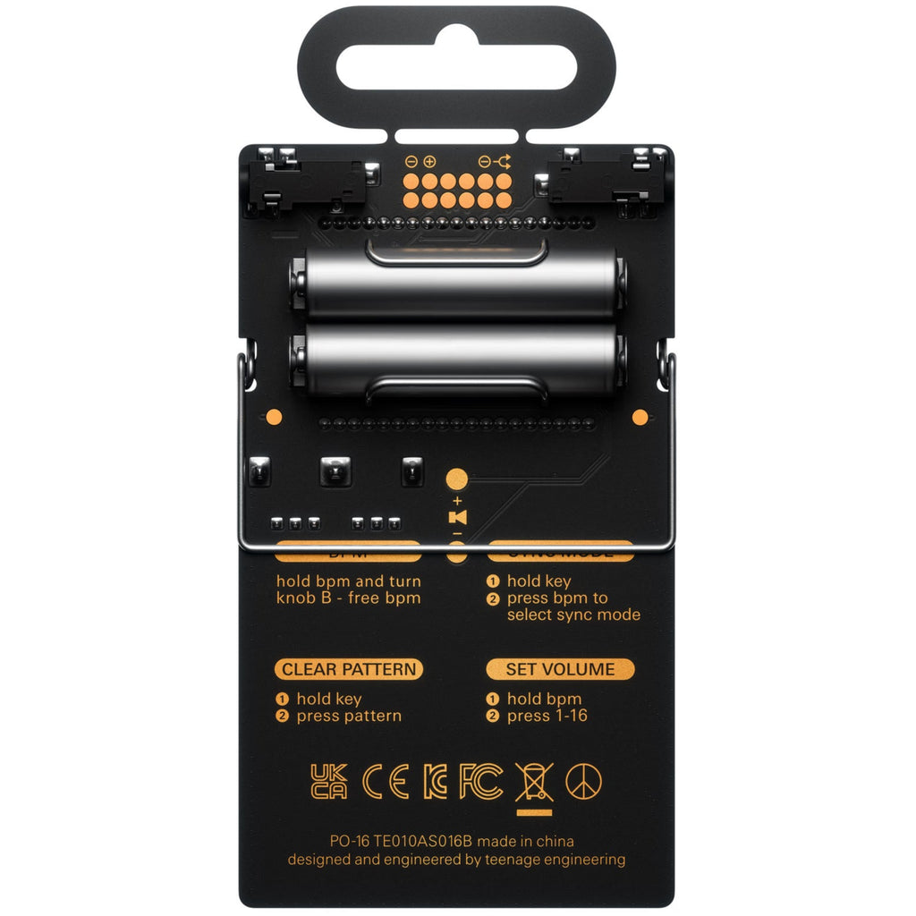 Teenage Engineering PO-16 Factory portable music gadget with colorful buttons and compact design, showcasing its electronic interface.