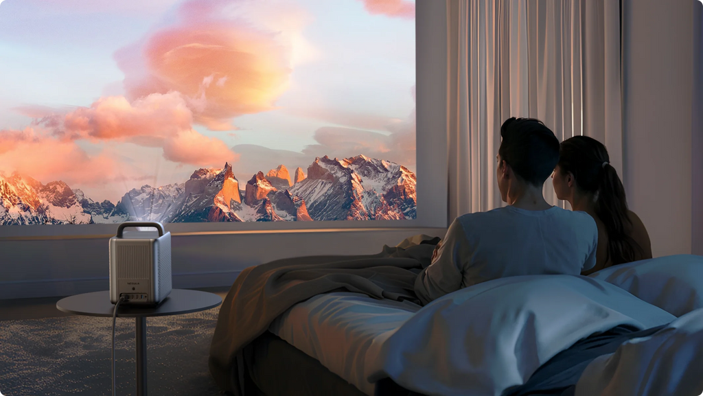 Nebula Cosmos 4K SE projector with sleek design, lens, and control buttons visible on a white background.