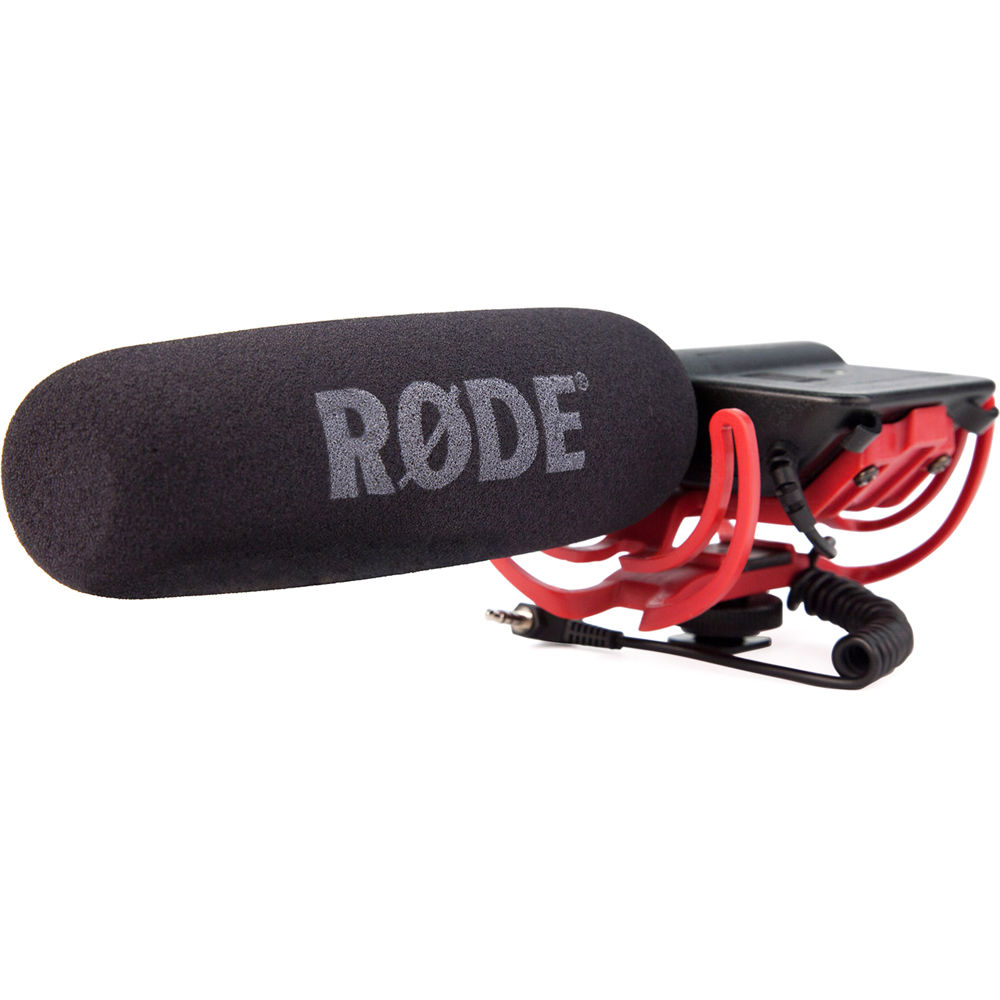 Rode VideoMic Rycote camera microphone mounted on a camera, showing its compact design and windscreen for professional audio recording.