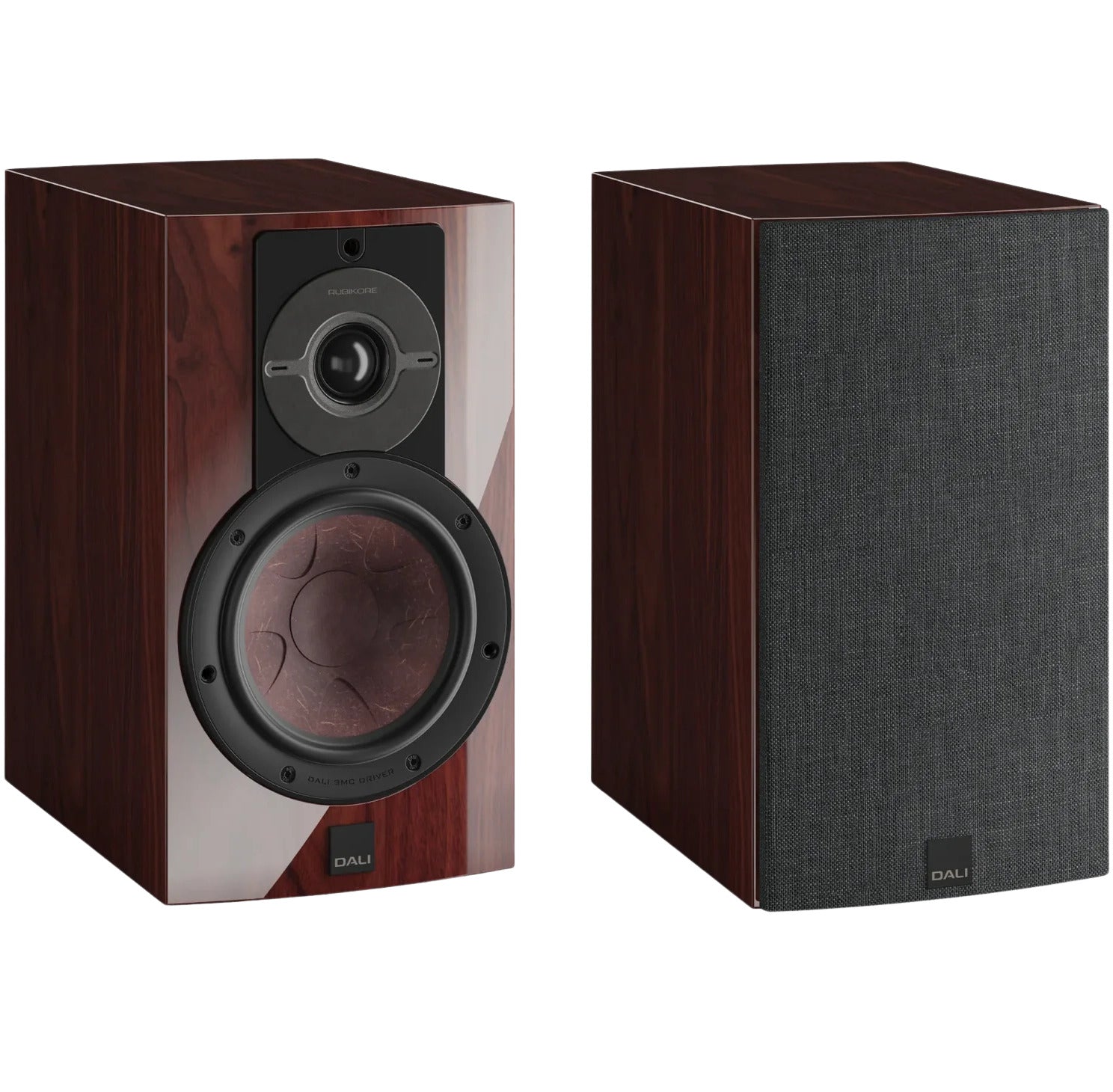 DALI Rubikore 2 passive bookshelf speakers with sleek black finish and compact design, showcasing their front grille and speaker cones.