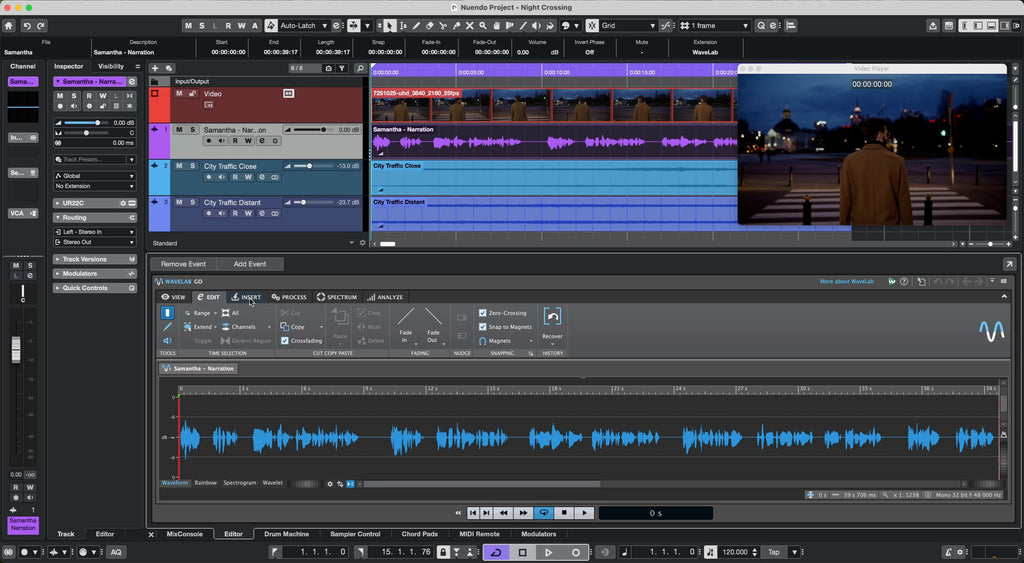Steinberg Nuendo 15 DAW software interface on a computer screen, showing audio editing and mixing features.