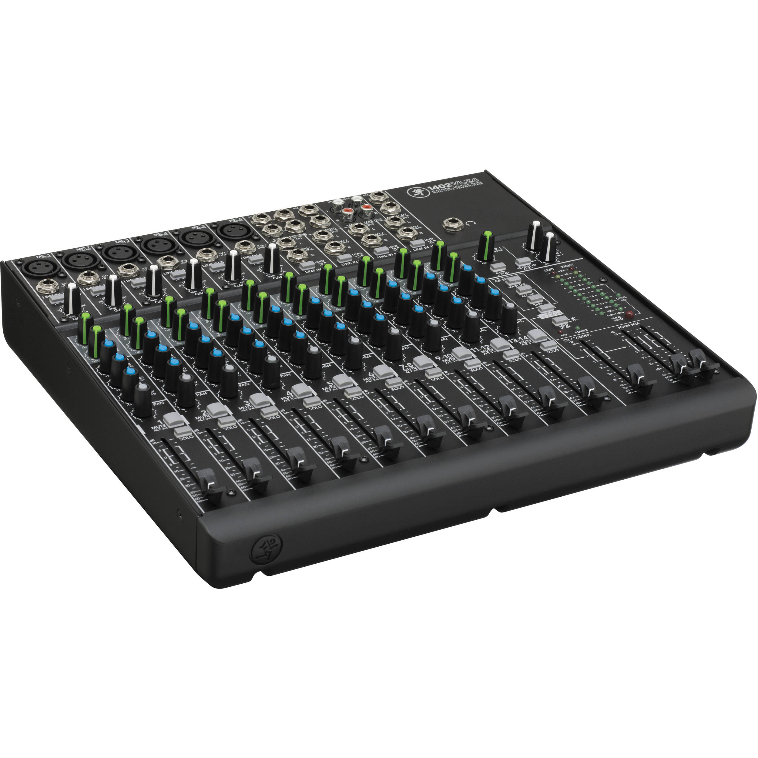 Mackie 1402VLZ4 analog mixer with multiple input channels, knobs, and sliders for professional audio mixing.