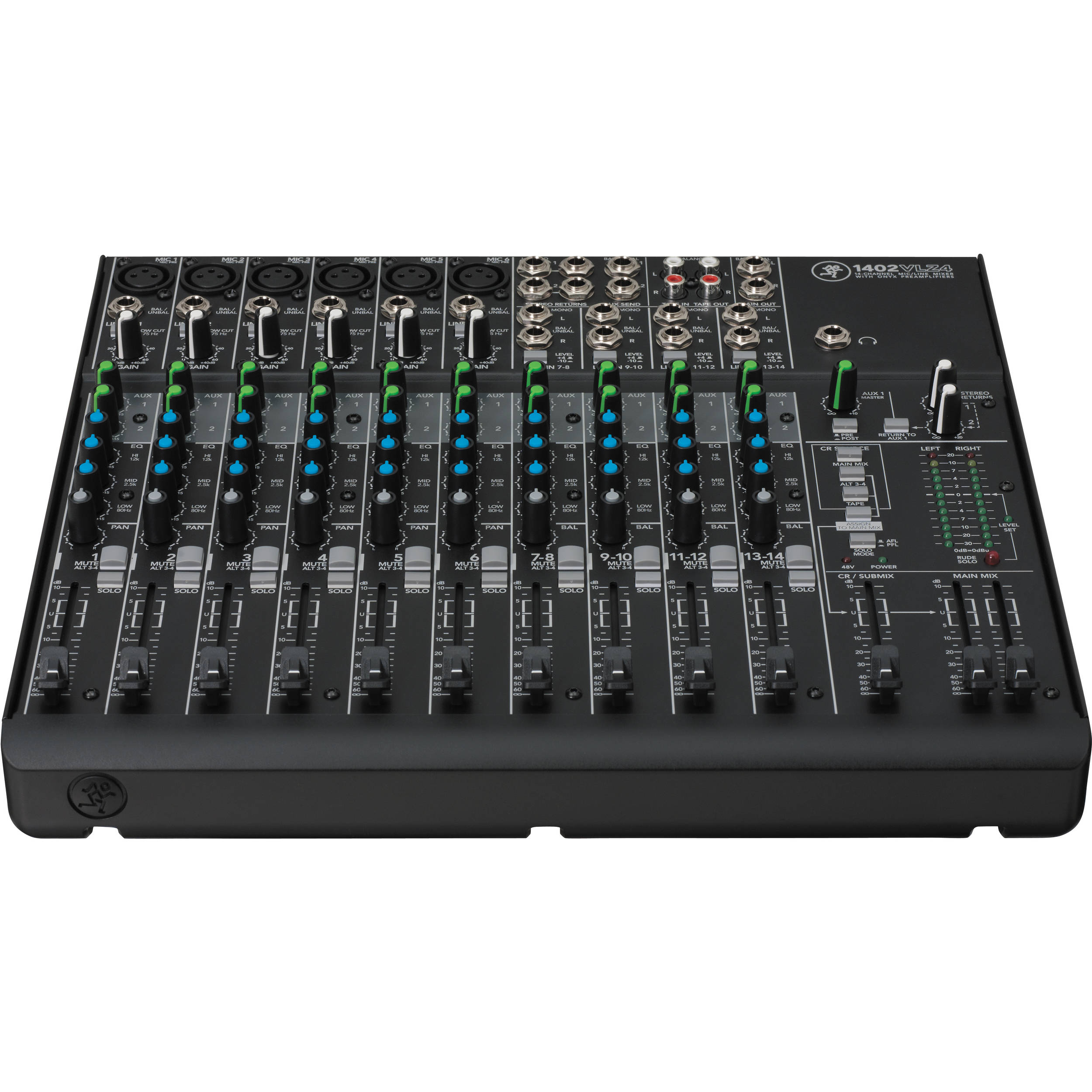Mackie 1402VLZ4 analog mixer with multiple input channels, knobs, and sliders for audio mixing.
