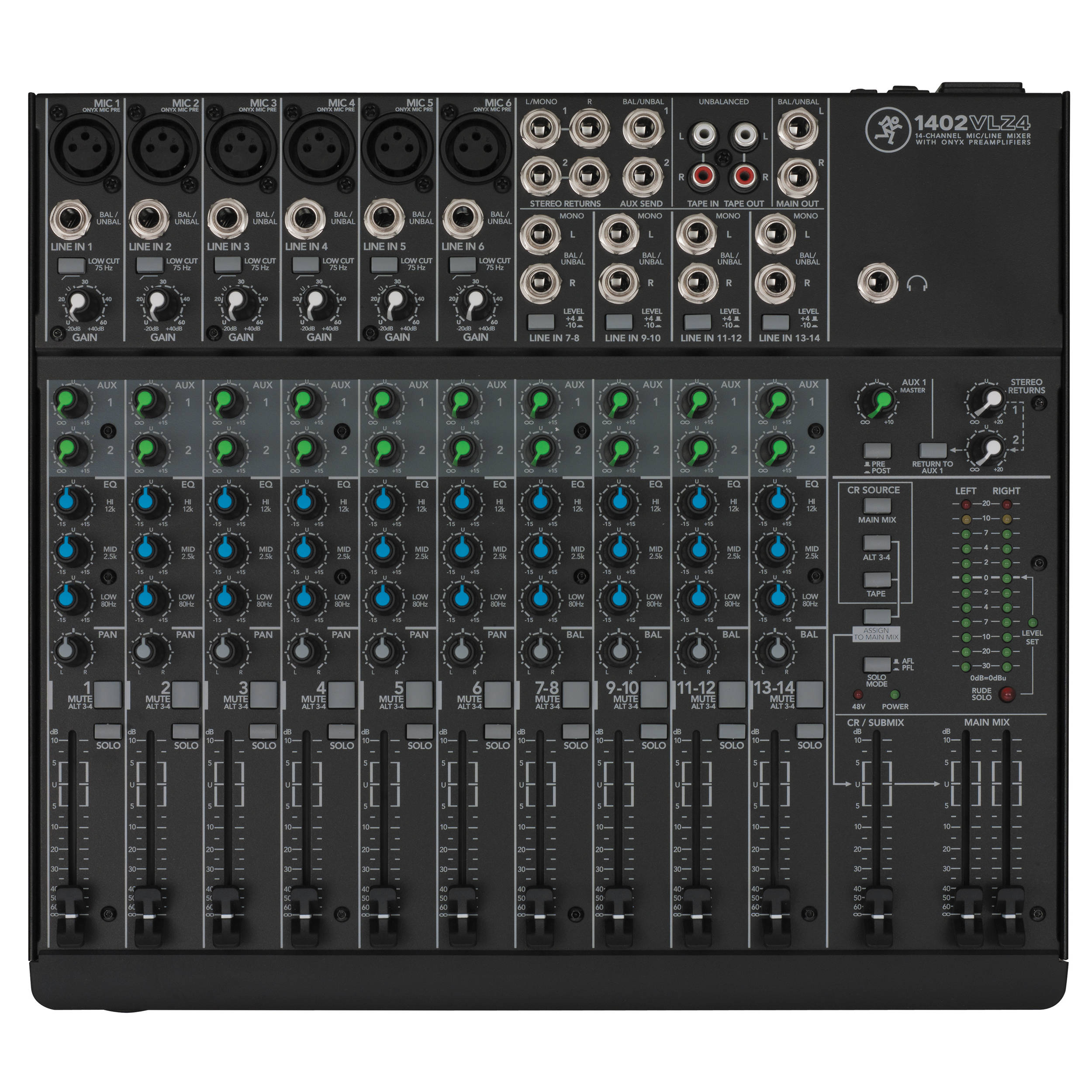 Mackie 1402VLZ4 analog mixer with multiple input channels, knobs, and sliders for professional audio control.