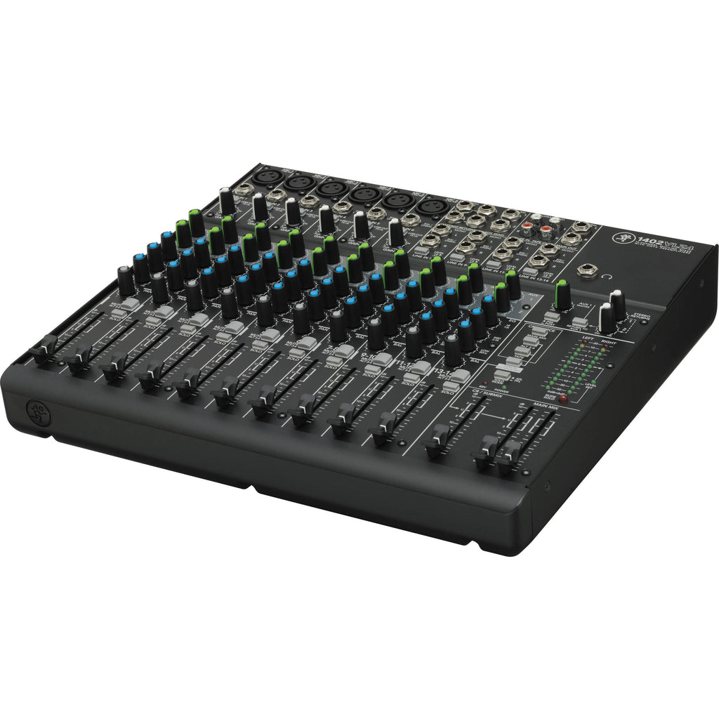 Mackie 1402VLZ4 analog mixer with multiple input channels, knobs, and faders, used for audio mixing and sound control.